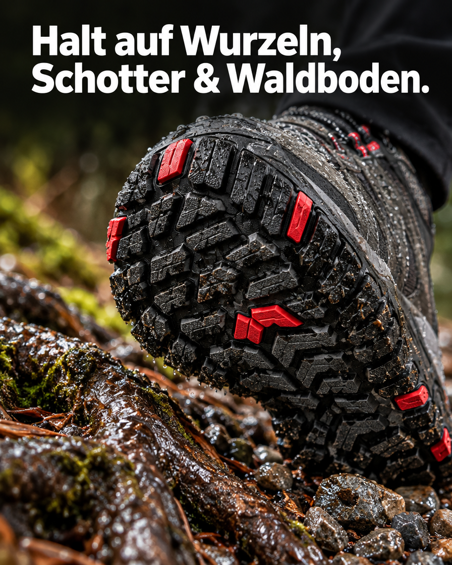 Halt auf Wurzeln, Schotter und Waldboden